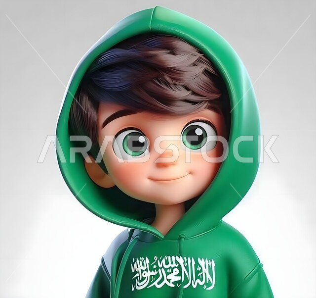 Attention to distinct drawings and designs, a close-up of a three-dimensional cartoon character, artistic drawings of a child wearing a Saudi flag jacket, innocent childish features, looking at the camera with gestures of kindness, a white background