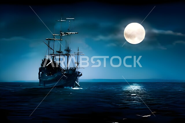 سفينة شراعيه وسط المياه في وقت الليل، قضاء أوقات ممتعه في التنزه بوسائل النقل البحرية ،الاجواء الهادئة على سواحل الخليج العربي ،القمر في سماء المملكة العربية السعودية، انعكاس ضوء البدر على ماء البحر الاحمر، خلفية الطبيعه