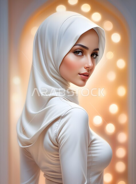  ايماءات الثقة بالنفس، مفهوم الأناقة والأنوثة، صورة مقربة لامرأة عربية خليجية سعودية محجبة مبتسمة ترتدي العباءة البيضاء و تنظر الى الكاميرا، أزياء محجبات عصرية حديثة، صورة شخصية للوثائق الرسمية