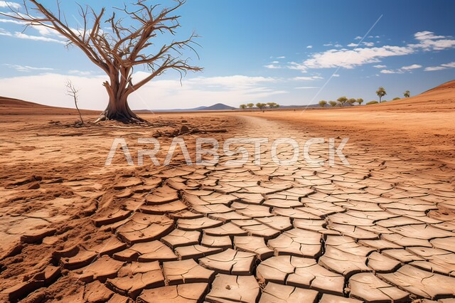 مفهوم الإحتباس الحراري، البيئة الصحراوية القاحلة، صورة مقربة لأرض طينية متشققة في موسم الجفاف، نتائج الكوارث الطبيعية والهزات الأرضية، المناطق الصحراوية الجافة, تغير المناخ والعوامل الطبيعية, خلفيات الطبيعة .