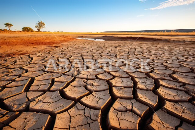 البيئة الصحراوية القاحلة، مفهوم الإحتباس الحراري، صورة مقربة لأرض طينية متشققة في موسم الجفاف، نتائج الكوارث الطبيعية والهزات الأرضية، المناطق الصحراوية الجافة, تغير المناخ والعوامل الطبيعية, خلفيات الطبيعة .