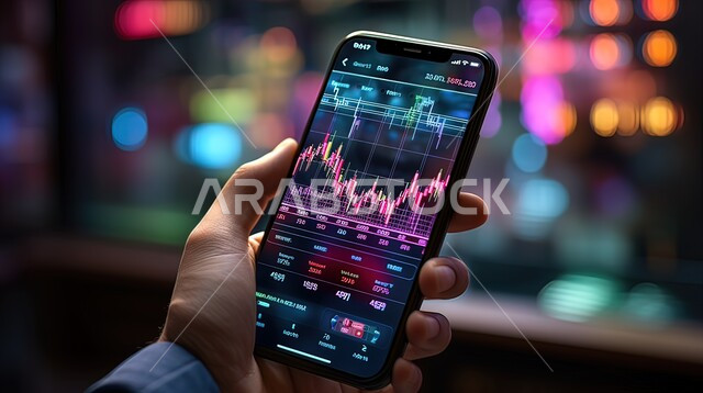 متابعة المعلومات الرقمية للأسهم, استخدام التقنيات الحديثة والمتطورة في متابعه سوق الاوراق المالية، صورة مقربة لشاشة الهاتف الذكي مزود بتطبيقات التداول والاستثمار, الاقتصاد العالمي وتحقيق الارباح والخسائر، الإستثمارات الإقتصادية في البورصة, خلفيات ضبابية .