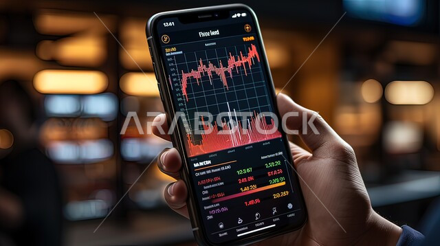 الاقتصاد العالمي وتحقيق الارباح والخسائر، استخدام التقنيات الحديثة والمتطورة في متابعه سوق الاوراق المالية، صورة مقربة لشاشة الهاتف الذكي مزود بتطبيقات التداول والاستثمار, الإستثمارات الإقتصادية في البورصة, مراقبة المعلومات الرقمية للأسهم, خلفيات ضبابية .