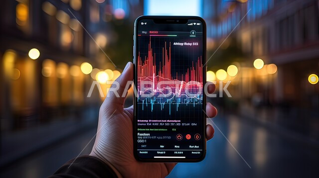 الإستثمارات الإقتصادية في البورصة, استخدام التقنيات الحديثة والمتطورة في متابعه سوق الاوراق المالية، صورة مقربة لشاشة الهاتف الذكي مزود بتطبيقات التداول والاستثمار, الاقتصاد العالمي وتحقيق الارباح والخسائر، مراقبة المعلومات الرقمية للأسهم, خلفيات ضبابية .