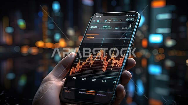 استخدام التقنيات الحديثة والمتطورة في متابعه سوق الاوراق المالية، صورة مقربة لشاشة الهاتف الذكي مزود بتطبيقات التداول والاستثمار, الاقتصاد العالمي وتحقيق الارباح والخسائر، الإستثمارات الإقتصادية في البورصة, مراقبة المعلومات الرقمية للأسهم, خلفيات ضبابية .