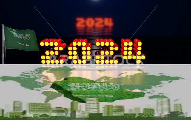 التقدم والتطور المعماري والازدهار في السنة الجديدة، تصاميم فنية لرأس السنة الحديثة 2024، قالب تصميم غلاف للعام الميلادي الجديد، الاحتفال بالأعياد والمناسبات في المملكة العربية السعودية، راية وهوية الوطن الخضراء