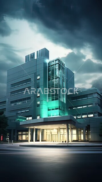 الفن الهندسي المعماري على الطراز الحديث, الأجواء الشتوية الماطرة, صورة مقربة لمبنى المكاتب الحديث في المدينة ليلا, السماء الداكنة الغائمة, النمو والتقدم العمراني, شركات ومكاتب عمل, إنارة وأضواء البناء .