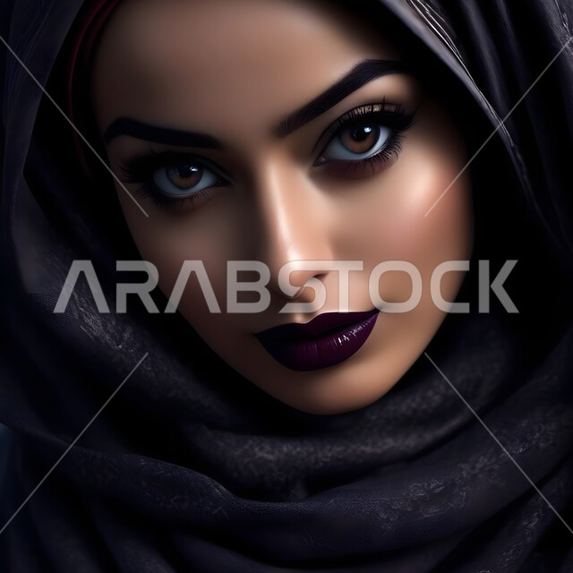 مفهوم الأنوثة والنعومة والاهتمام بالمظهر الخارجي، تعابير الجرأة والقوة، صورة مقربة لامرأة عربية خليجية سعودية ترتدي الحجاب والعباءة السوداء تنظر إلى الكاميرا بإيماءات الثقة بالنفس، حجابات نسائية عصريه حديثه .