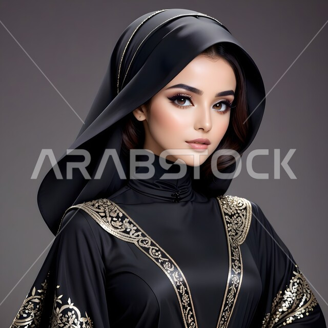 حجابات نسائية عصريه حديثه, مفهوم الأنوثة والنعومة والاهتمام بالمظهر الخارجي، صورة مقربة لامرأة عربية خليجية سعودية ترتدي الحجاب والعباءة السوداء تنظر إلى الكاميرا بإيماءات الثقة بالنفس، خلفية رمادية .