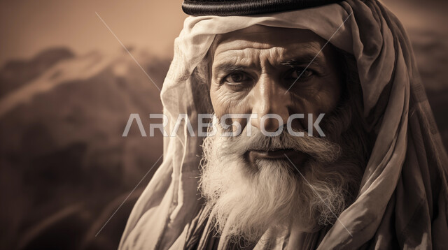 أصالة وعراقة العادات والتقاليد, إحياء ذكرى يوم التأسيس 1727, صورة مقربة بالأبيض والأسود لرجل عربي خليجي يرتدي الزي التقليدي في أيام توحيد المملكة ينظر إلى الكاميرا بإيماءات الجدية والحزم, تأسيس الدولة السعودية الأولى 22 فبراير, المناسبات والأعياد الوطنية .