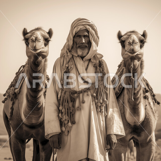 ركوب الجمال والإبل, إحياء ذكرى يوم التأسيس 1727, صورة بالأبيض والأسود لشخصيات عربية خليجية ترتدي الزي التقليدي في أيام توحيد المملكة, عراقة وأصالة العادات والتقاليد, تأسيس الدولة السعودية الأولى 22 فبراير, المناسبات والأعياد الوطنية .