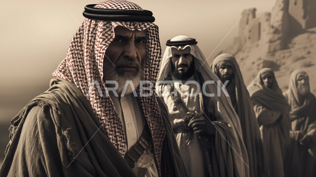 الدفاع عن الوطن, إحياء ذكرى يوم التأسيس 1727, صورة بالأبيض والأسود لشخصيات عربية خليجية ترتدي الزي التقليدي في أيام توحيد المملكة, عراقة وأصالة العادات والتقاليد, تأسيس الدولة السعودية الأولى 22 فبراير, المناسبات والأعياد الوطنية .