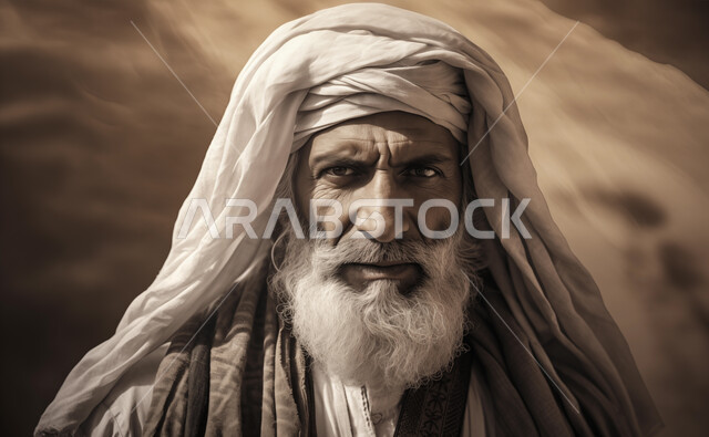 المناسبات والأعياد الوطنية, عراقة وأصالة العادات والتقاليد, إحياء ذكرى يوم التأسيس 1727, صورة مقربة بالأبيض والأسود لرجل عربي خليجي يرتدي الزي التقليدي في أيام توحيد المملكة ينظر إلى الكاميرا بإيماءات الجدية والحزم, تأسيس الدولة السعودية الأولى 22 فبراير.