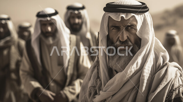 إحياء ذكرى يوم التأسيس 1727, صورة بالأبيض والأسود لشخصيات عربية خليجية ترتدي الزي التقليدي في أيام توحيد المملكة, الدفاع عن الوطن, عراقة وأصالة العادات والتقاليد, تأسيس الدولة السعودية الأولى 22 فبراير, المناسبات والأعياد الوطنية .