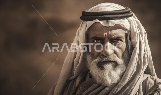 عراقة وأصالة العادات والتقاليد, إحياء ذكرى يوم التأسيس 1727, صورة مقربة بالأبيض والأسود لرجل عربي خليجي يرتدي الزي التقليدي في أيام توحيد المملكة ينظر إلى الكاميرا بإيماءات الجدية والحزم, تأسيس الدولة السعودية الأولى 22 فبراير, المناسبات والأعياد الوطنية .