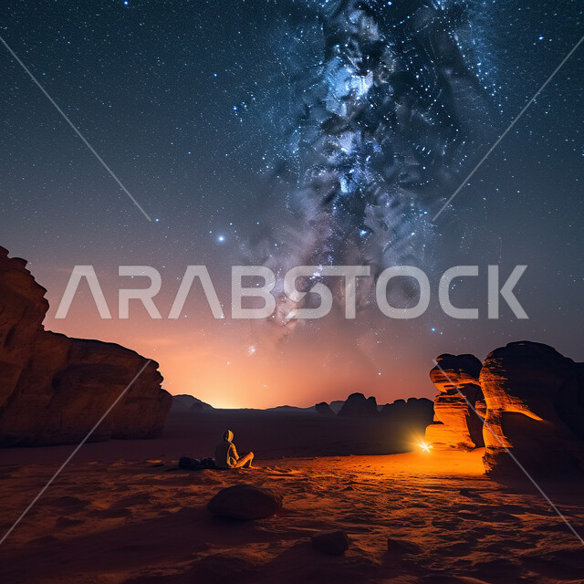 التخييم وتأمل منظر السماء المضيئة بالشهب والنجوم, الطبيعة الصحراوية في المملكة العربية السعودية، صورة مقربة للتكوينات الصخرية في مدينة العلا  ليلا، المعالم التاريخية الأثرية السياحية، مناطق جذب واستقطاب السائحين من العالم .