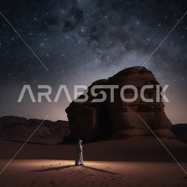 Historical and archaeological tourist attractions, desert nature in the Kingdom of Saudi Arabia, a close-up picture of a person standing in the desert contemplating the rock formations in the city of Al-Ula at night, contemplating the view of the sky illuminated by meteors and stars, areas that attract tourists from around the world
