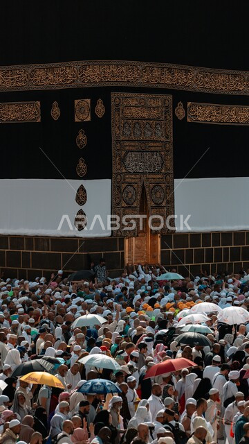الاماكن المقدسة في المملكة العربية السعودية، الوحدة والتلاحم بين المسلمين، عكس الثقافة والتاريخ الاسلامي، تعزيز الروحانية والاستقرار النفسي، التقرب الى الله من خلال العبادة، صورة مقربة لحجاج بيت الله الحرام وهم يطوفون حول الكعبة المشرفة