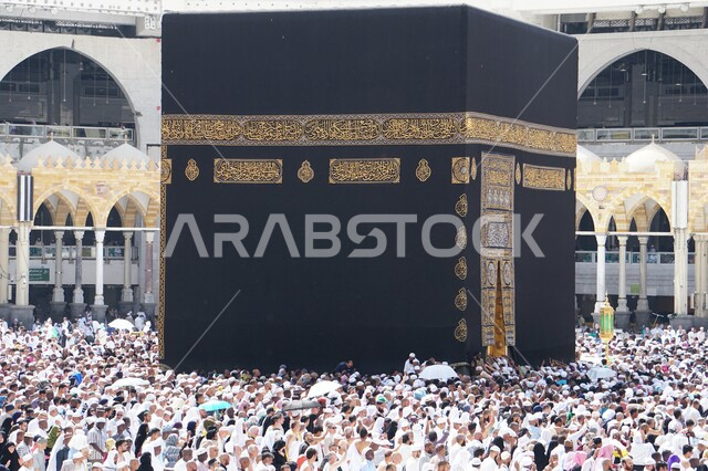 الوحدة والتلاحم بين المسلمين، عكس الثقافة والتاريخ الاسلامي، تعزيز الروحانية والاستقرار النفسي، التقرب الى الله من خلال العبادة، صورة مقربة لحجاج بيت الله الحرام وهم يطوفون حول الكعبة المشرفة، الاماكن المقدسة في المملكة العربية السعودية