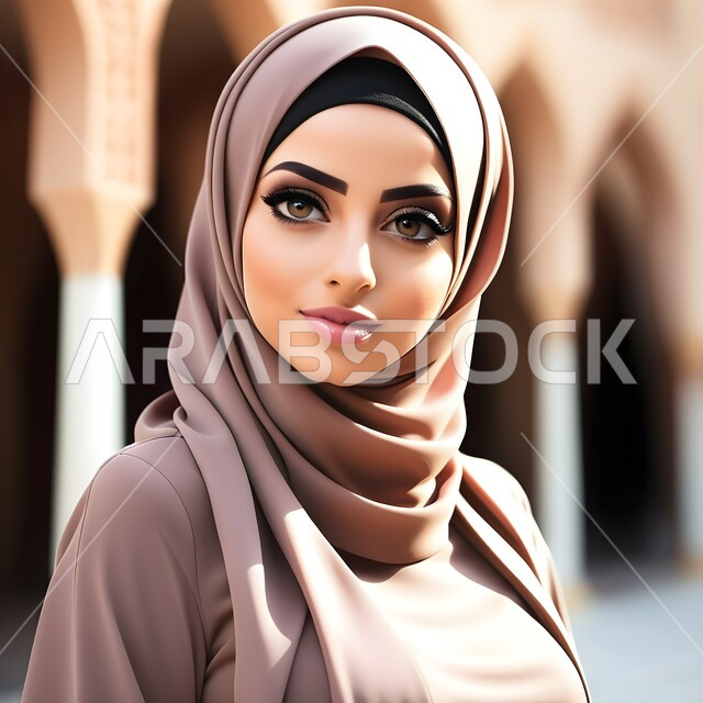 Gestures of self-confidence, a portrait of a veiled Saudi Arabian Gulf woman wearing a colorful abaya, the concept of femininity, softness, and attention to external appearance, sophisticated modern veiled fashion.