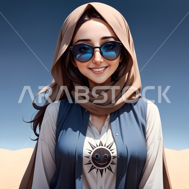 The concept of femininity, softness, and attention to external appearance, sophisticated modern veiled fashion, gestures of self-confidence, portrait of a veiled Saudi Gulf Arab woman wearing a colorful abaya and wearing sunglasses, blue background