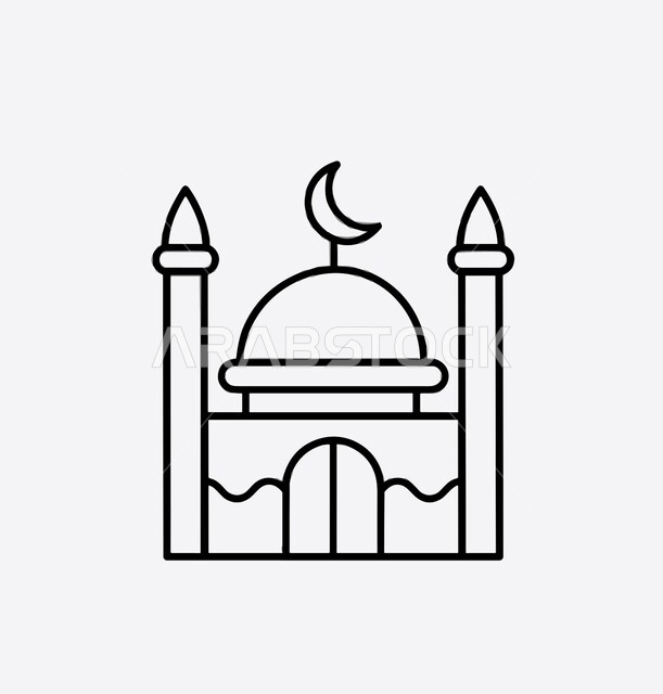 تعزيز الاستقرار النفسي والروحانية، الوحدة والتلاحم بين المسلمين في المسجد، المكان المناسب لتعلم القران الكريم، العبادة والتقرب الى الله، رسوم توضيحية بالأبيض والأسود للمسجد