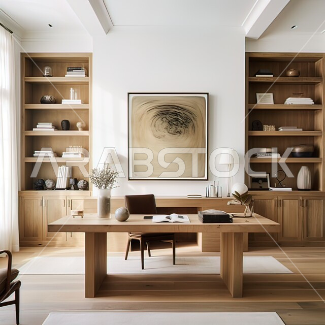 Business office room with modern contemporary designs, calm interior decor furniture in beige shades, advanced modern architectural art, upscale residential apartments and villas in Saudi Arabia, elegant wall bookcase