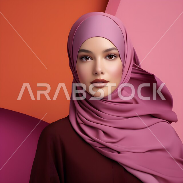 النظر إلى الكاميرا بإيماءات الثقة بالنفس، بورتريه لامرأة عربية خليجية سعودية محجبة ترتدي عباءة ملونة، مفهوم الأنوثة والنعومة والاهتمام بالمظهر الخارجي، أزياء محجبات عصرية راقية، خلفية ملونة