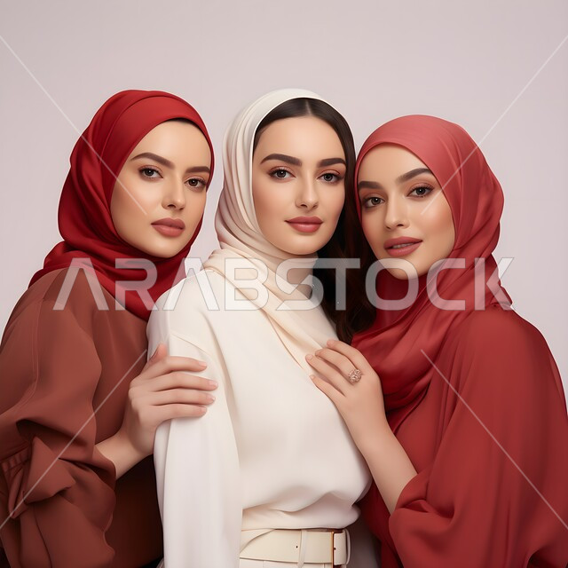 النظر إلى الكاميرا بإيماءات الثقة بالنفس، بورتريه لشابات عربيات خليجيات سعوديات محجبات يرتدون العباءات الملونة، مفهوم الأنوثة والنعومة والاهتمام بالمظهر الخارجي، أزياء محجبات عصرية راقية، خلفية بيج