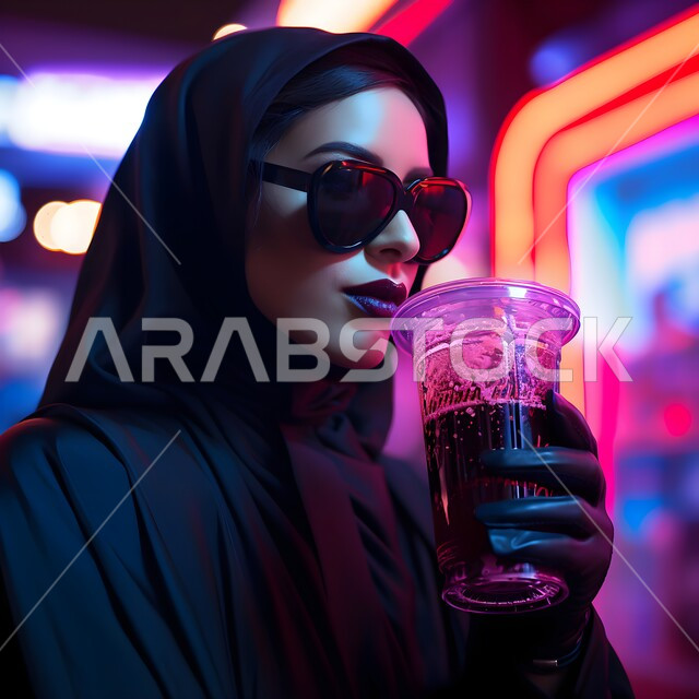 تخفيف حرارة الصيف بتناول المشروبات الباردة، مفهوم الأنوثة والنعومة والاهتمام بالمظهر الخارجي، تعابير الجرأة والقوة، صورة مقربة لامرأة عربية خليجية سعودية محجبة ترتدي  العباءة السوداء والنظارات الشمسية تقوم بشرب العصير