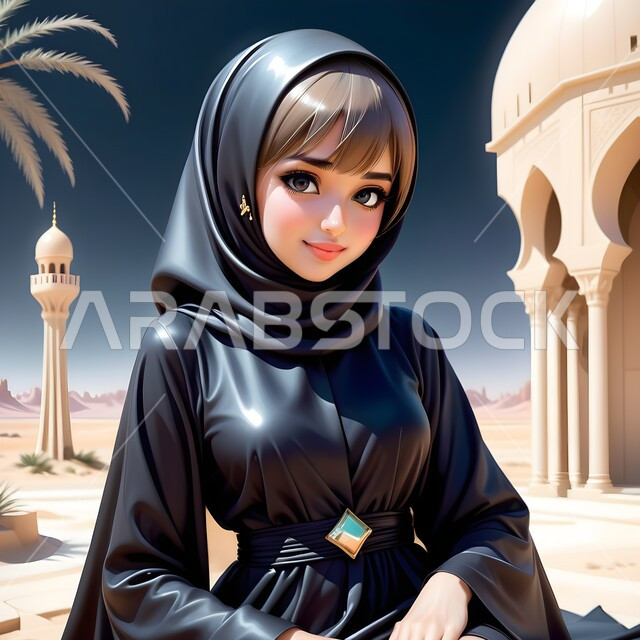 النظر الى الكاميرا بابتسامه، مفهوم النعومة والأنوثة والاهتمام بالمظهر الخارجي، أزياء عصرية راقية، ايماءات الثقة بالنفس، بورتريه لامرأة عربية خليجية سعودية محجبة ترتدي عباءة سوداء، خلفية صحراء عربية