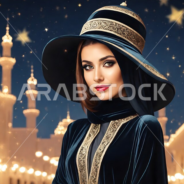 أزياء عصرية راقية، مفهوم الأنوثة والنعومة والاهتمام بالمظهر الخارجي، ايماءات الثقة بالنفس، بورتريه لامرأة عربية خليجية سعودية ترتدي عباءة وقبعة سوداء، سماء مرصعة بالنجوم، خلفية أبنية اسلامية