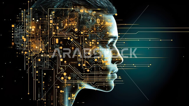  التطور التكنولوجي وتحقيق الثورة الصناعية، الابتكار والعلوم وتكنولوجيا الذكاء الاصطناعي, رؤية سعودية 2030، صورة مقربة لرأس رجل محاط بالشرائح الالكترونية، العمل بمخططات تقنية, شبكة البيانات الضخمة والتحول الرقمي، خلفية سوداء