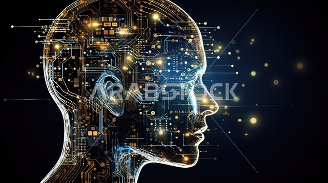  التطور التكنولوجي وتحقيق الثورة الصناعية، الابتكار والعلوم وتكنولوجيا الذكاء الاصطناعي, رؤية سعودية 2030، صورة مقربة لرأس رجل محاط بالشرائح الالكترونية، العمل بمخططات تقنية, شبكة البيانات الضخمة والتحول الرقمي، خلفية سوداء