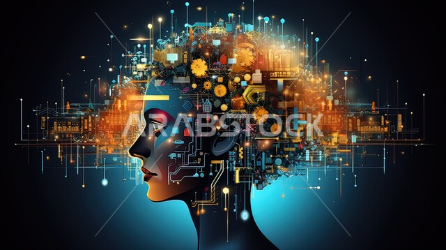  التطور التكنولوجي وتحقيق الثورة الصناعية، الابتكار والعلوم وتكنولوجيا الذكاء الاصطناعي, رؤية سعودية 2030، صورة مقربة لرأس رجل محاط بالشرائح الالكترونية، العمل بمخططات تقنية, شبكة البيانات الضخمة والتحول الرقمي، خلفية سوداء