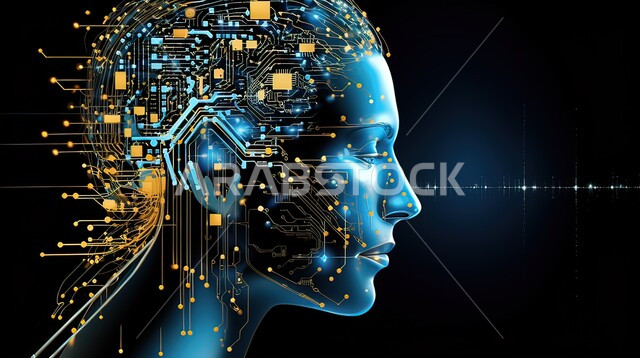 Technological development and achieving the industrial revolution, innovation, science and artificial intelligence technology, Saudi Vision 2030, close-up of a man’s head surrounded by electronic chips, working with technical plans, big data network and digital transformation, black background