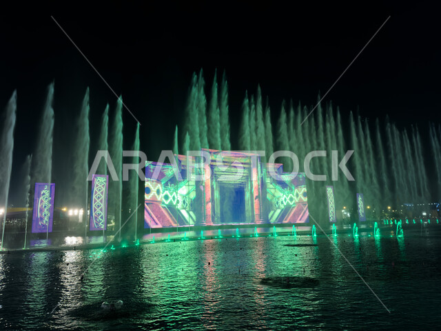 النافوره الراقصة في البوليفارد رياض سيتي المضاءة ليلا، أنشطة وفعاليات ترفيهية موسم الرياض في المملكة العربية السعودية، قضاء أوقات ممتعة ومسلسة في الاماكن والمناطق السياحية المشهورة