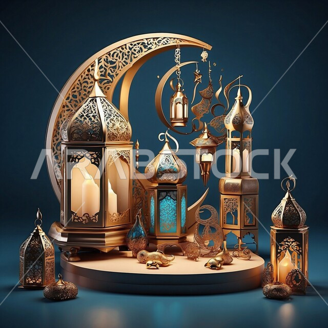 إضاءة ديكورية خلال شهر رمضان، قطع أثرية ثلاثية الأبعاد ، فوانيس عربية معدنية ذهبية، الاحتفال بقدوم الشهر الكريم، زخارف وزينة مميزة، أجواء رمضانية روحانية، خلفية سوداء