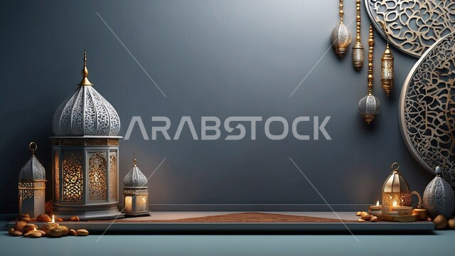 الاحتفال بقدوم الشهر الكريم، إضاءة ديكورية خلال شهر رمضان، قطع أثرية ثلاثية الأبعاد ، فوانيس عربية معدنية ذهبية، زخارف وزينة مميزة، أجواء رمضانية روحانية، خلفية رمادية
