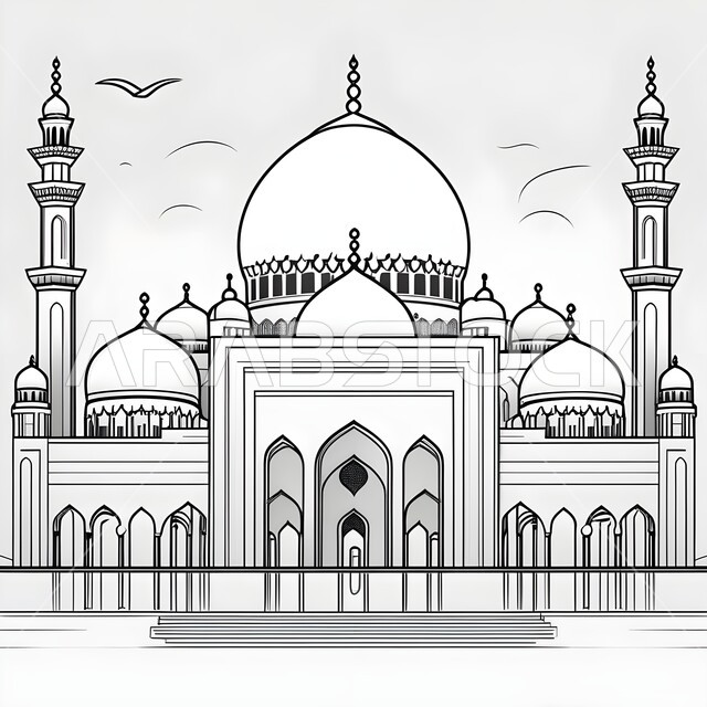 Modern architectural art, a close-up black and white photo of the Sheikh Zayed Mosque (the Grand Mosque) in the United Arab Emirates, Islamic religious landmarks in Abu Dhabi, worship and getting closer to God, places that attract and attract tourists