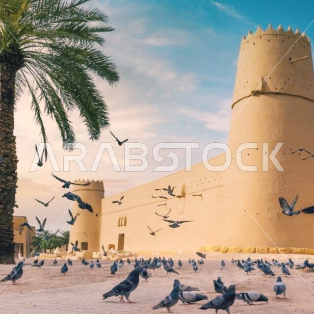 الهندسة المعمارية على الطراز القديم، صورة مقربة للطيور في ساحة متحف قصر المصمك التاريخي في المملكة العربية السعودية، معالم الرياض التاريخية المشهورة، قصر المصمك التراثي، الاهتمام بزراعة اشجار النخيل, اماكن اثرية لاستقطاب السائحين.