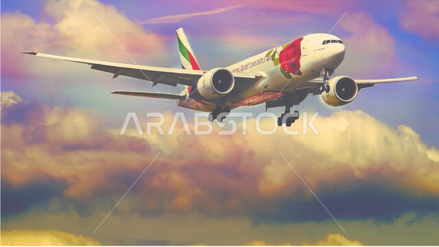 A view of the clouds and clouds in the upper layers of the atmosphere, a close-up of a plane flying in the sky of the United Arab Emirates, travel flights, Emirates transport lines, tourist trips and touring around the world