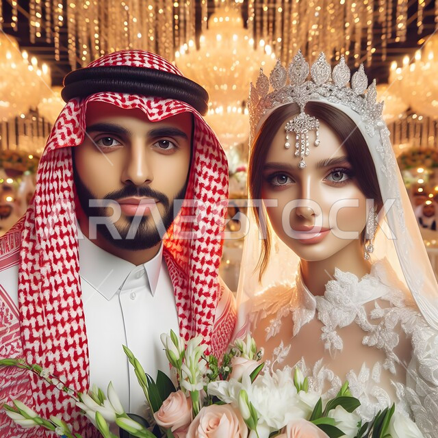 الأناقة والاهتمام بالمظهر الخارجي, صورة مقربة لعريس وعروسة سعودية في قاعة الزفاف ينظران إلى الكاميرا بإيماءات الفرح والسعادة، المناسبات والأفراح الخاصة, مفهوم الاستقرار وتكوين الأسرة, الأضواء اللامعة المتميزة .