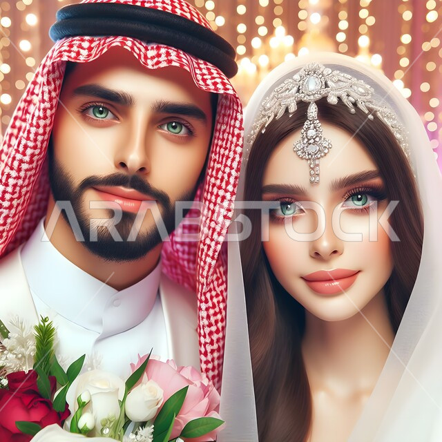 مفهوم الاستقرار وتكوين الأسرة, الأناقة والاهتمام بالمظهر الخارجي, صورة مقربة لعريس وعروسة سعودية في قاعة الزفاف ينظران إلى الكاميرا بإيماءات الفرح والسعادة، المناسبات والأفراح الخاصة, الأضواء اللامعة المتميزة .