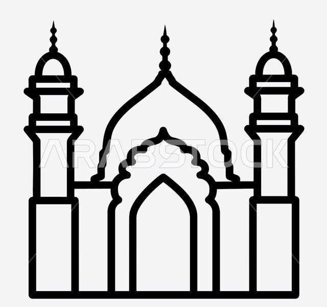 رمز وأيقونة دينية، العبادة والتقرب الى الله، رسم توضيحي لمجسم مسجد ثلاثي الابعاد، تصاميم ومجسمات اسلامية، فن هندسي معماري، خلفية بيضاء، تعزيز الاستقرار النفسي والروحانية