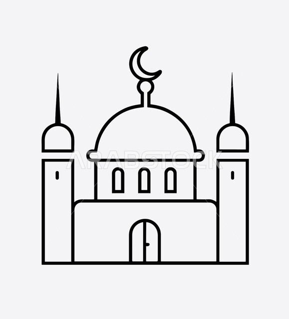 تعزيز الاستقرار النفسي والروحانية، الوحدة والتلاحم بين المسلمين في المسجد، المكان المناسب لتعلم القران الكريم، العبادة والتقرب الى الله، رسوم توضيحية بالأبيض والأسود للمسجد