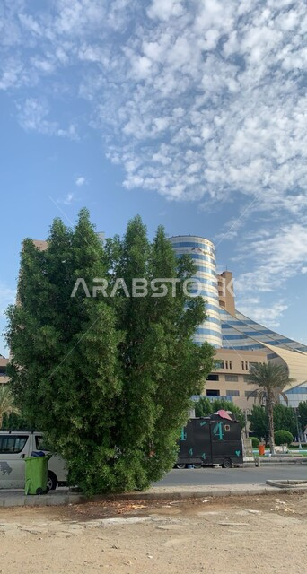  الفنون والتصاميم الهندسية المعمارية المميزة للأبراج وناطحات السحاب، الاهتمام في زراعه الاشجار والنباتات الخضراء ,الاهله مول في حي الرصيفة في مدينة مكة المكرمة قي وقت النهار، منظر السماء المليئة بالغيوم البيضاء، أماكن و معالم سياحية مشهورة