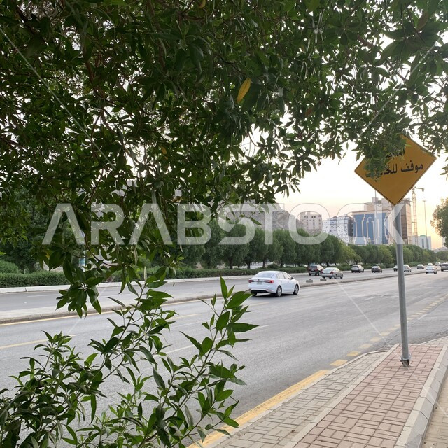 لافتة توضيحية لموقف الباصات, معالم واماكن اسلامية دينية مقدسة, الاهتمام بزراعة الأشجار والنباتات الخضراء في مكة المكرمة، حركة السيارات في الطرقات والشوارع المعبدة في المملكة العربية السعودية، وسائل النقل العامة, اسلاميات وعباده .