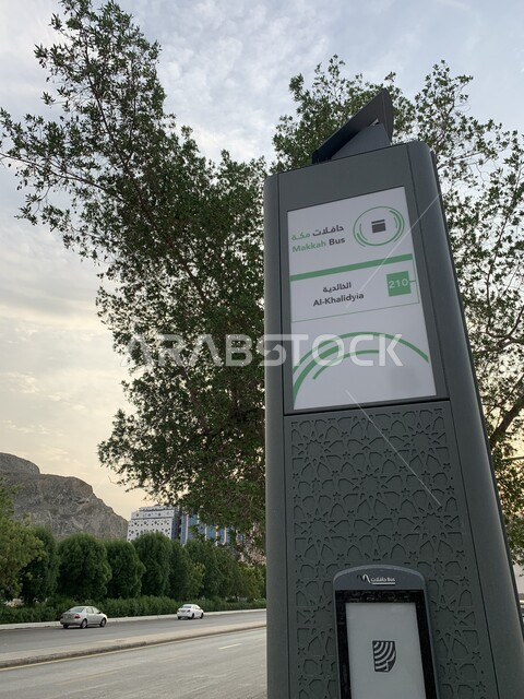 Bus stopping point, car movement on paved roads and streets, interest in planting trees and green plants, public transportation, Islamic religious landmarks and holy places, Islamic women and worshipers