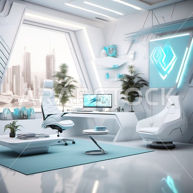 The use of smart devices in office rooms, a work desk with elegant white furniture and advanced technologies, the concept of development and keeping pace with electronics, modern designs for high-end companies, a digital background for advanced technology in office rooms, integrating artificial intelligence with home interior decoration.